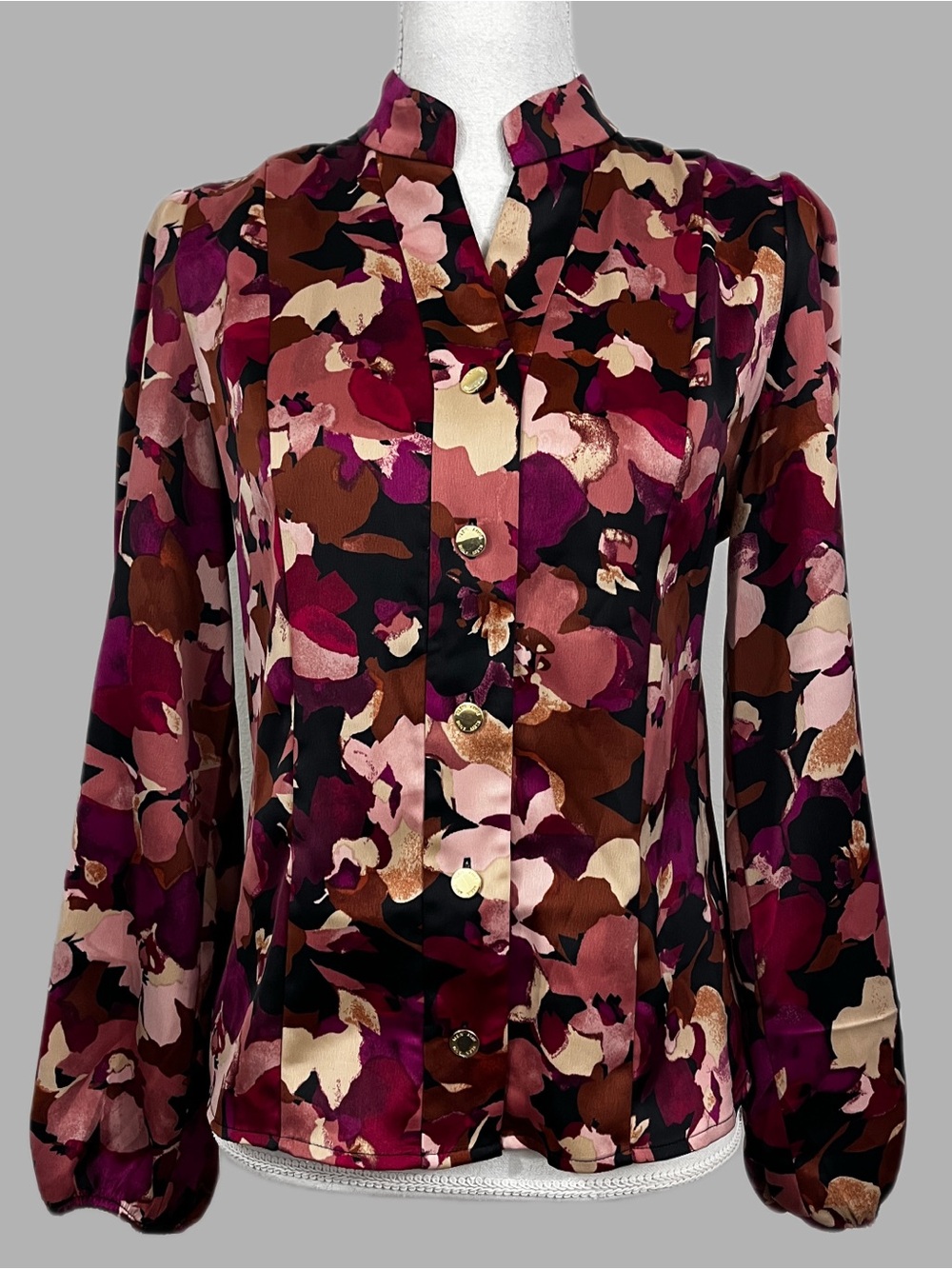 Anne Klein Women’s Pleat-Front Long Sleeve Floral Blouse Size Small